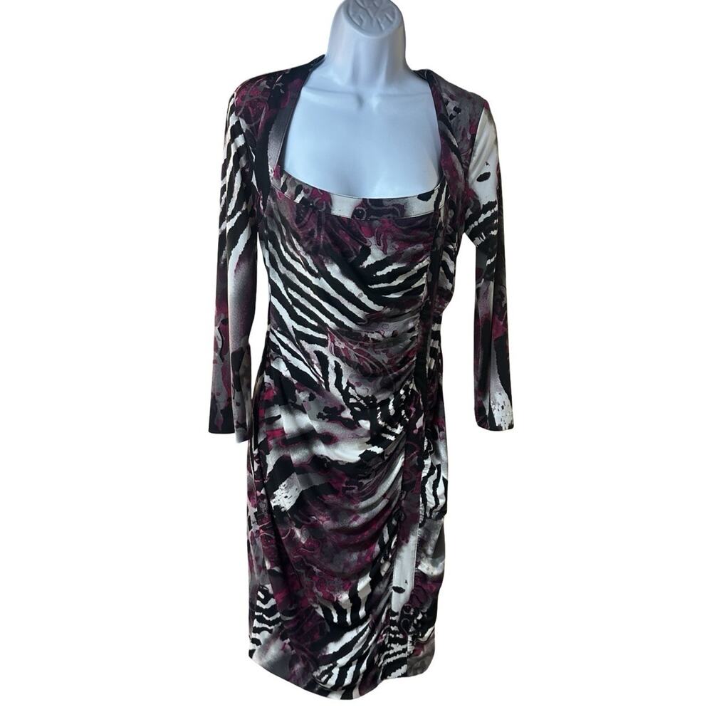 Cache Ruched Bodycon Dress Womens 3/4 Sleeve Zebra Floral Print Stretch Sz 10